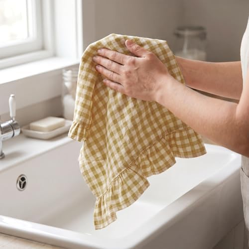 HunnmingRe 2 Pcs Yellow Gingham Kitchen Towels Cotton Ruffled, Fall Decor - Image 4