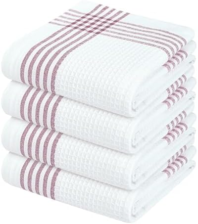 Waffle White & Burgundy Wine Dish Towels Set of 4, 100% Cotton, 16x26 inches by SoftopiaCotton