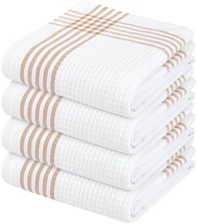 Waffle White & Brown 4 Pack Kitchen Towels Set, 100% Cotton, 16x26 inches by SoftopiaCotton