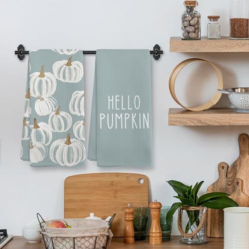 Fall Blue Hello Pumpkin Farmhouse Kitchen Towels and Dishcloths Sets of 2 - Image 2