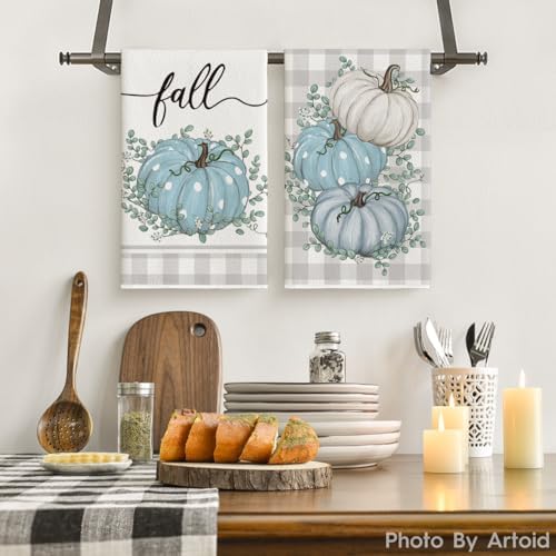 Artoid Mode Blue Buffalo Plaid Fall Kitchen Towels Set of 2 18x26 Inch - Image 2
