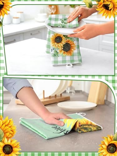Bencailor 4 Pcs Sunflower Kitchen Towels Sage Green Hand Dish Towels Gifts - Image 2
