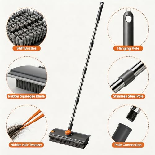 3-in-1 Floor Scrub Brush with Long Handle, Rotating Head Squeegee & Tweezer - Image 4