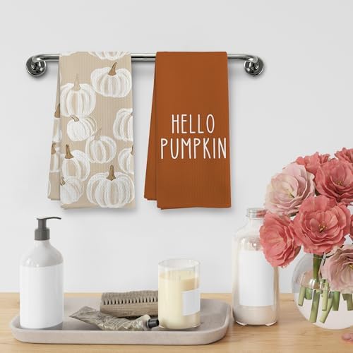 Fall Hello Pumpkin Kitchen Towels and Dishcloths Sets of 2, Fall Burnt Orange - Image 4