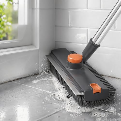 3-in-1 Floor Scrub Brush with Long Handle, Rotating Head Squeegee & Tweezer - Image 2