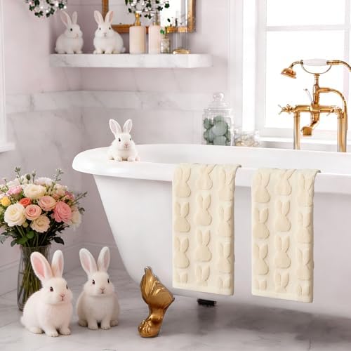 2 Pack Easter Hand Towels Beige Rabbit Cotton Bathroom Towel Decorative - Image 3