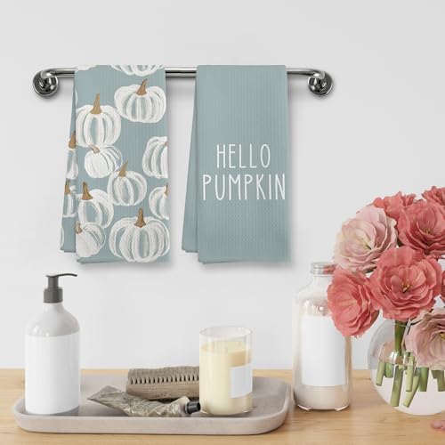 Fall Blue Hello Pumpkin Farmhouse Kitchen Towels and Dishcloths Sets of 2 - Image 4