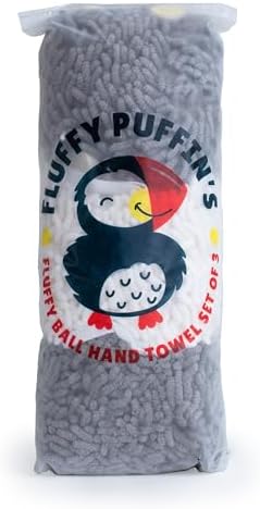 JJ KENT Fluffy Puffins Microfiber Puff Hand Towels & Hooks, 3 Pack - Image 5