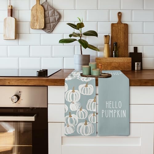 Fall Blue Hello Pumpkin Farmhouse Kitchen Towels and Dishcloths Sets of 2 - Image 5