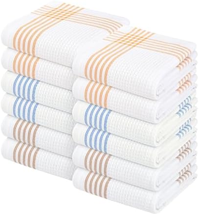 Waffle White & Multi Colors Kitchen Towels Set of 12, 100% Cotton, 16x26 inches by SoftopiaCotton