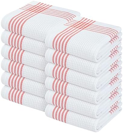 Waffle White & Red Kitchen Dish Towels, 100% Cotton 16x26 inches, Absorbent Tea by SoftopiaCotton