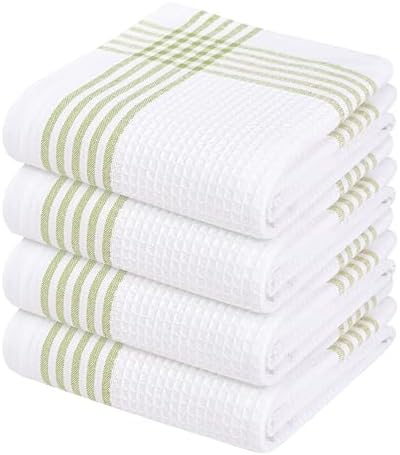 Waffle White & Lemon Green 4 Pack Kitchen Towels, 100% Cotton, 16x26 inches by SoftopiaCotton