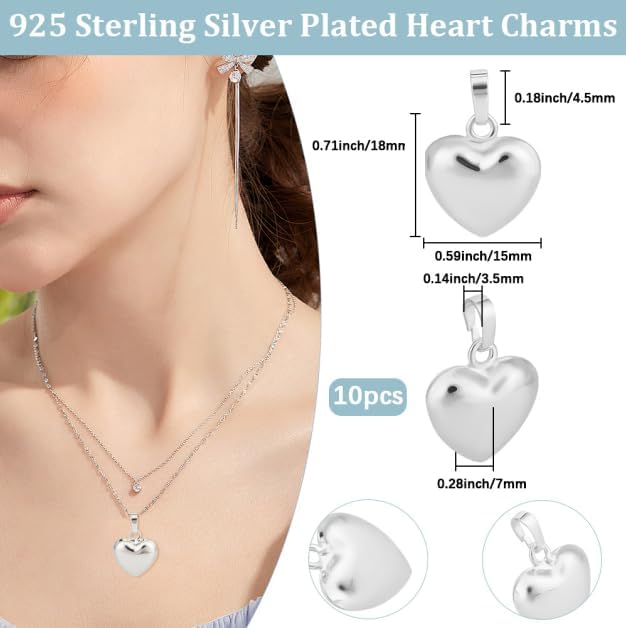 Beebeecraft 10Pcs Puffy Heart Charms, Small 0.6in 925 Sterling Silver Plated - Image 2