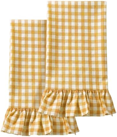 HunnmingRe 2 Pcs Yellow Gingham Kitchen Towels Cotton Ruffled, Fall Decor by HunnmingRe