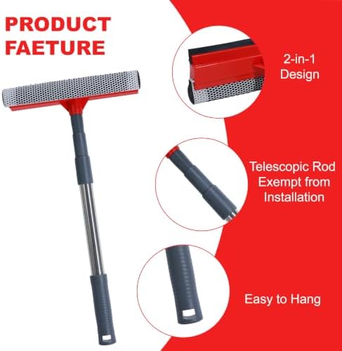 2 in 1 Window Squeegee with 36.6" Retractable Rtainless Steel Rod, Sponge Car - Image 2