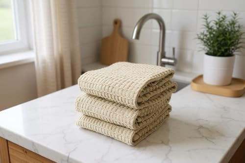 Serafina Home Tan Beige Kitchen Dish Hand Towels 100% Cotton Waffle Cloth Soft - Image 6