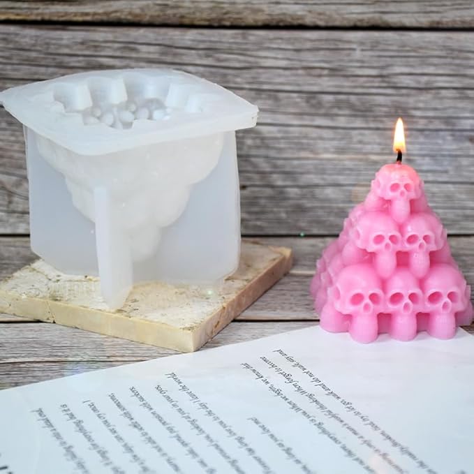 Halloween Skull Head Pyramid Candle Silicone Mold, DIY 3D Carved Skeleton Candle Making Wax Mould Gypsum Ornament Resin Soap Chocolate Mold Home Decor