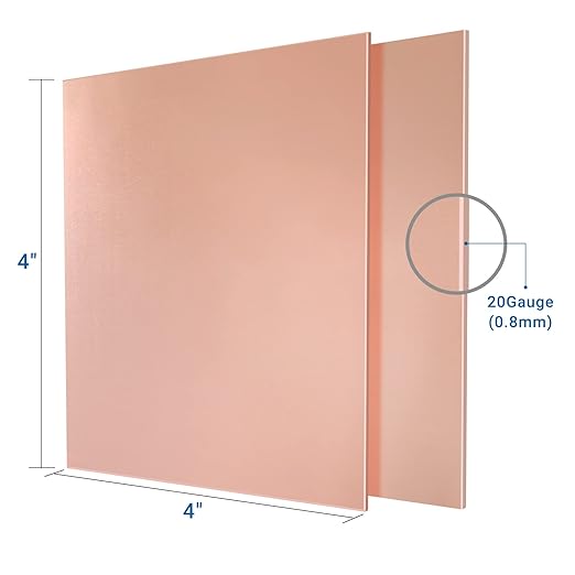 2 Pieces 99.9% Pure Copper Sheet, 4" x 4", 20 Gauge(0.8mm) Thickness, Film Attached Copper Plate, Great for Jewelry, Crafts, modelers