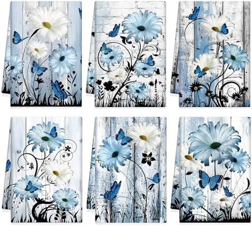Breling Set of 6 Teal Daisy Kitchen Dish Towels Vintage 14x21 Inch by Breling