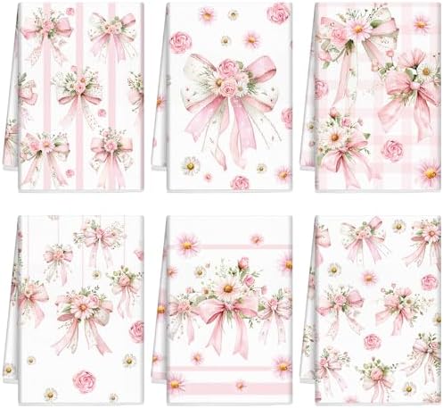 Breling 6 Pack Pink Bow Kitchen Towels, Floral Dish Towels by Breling