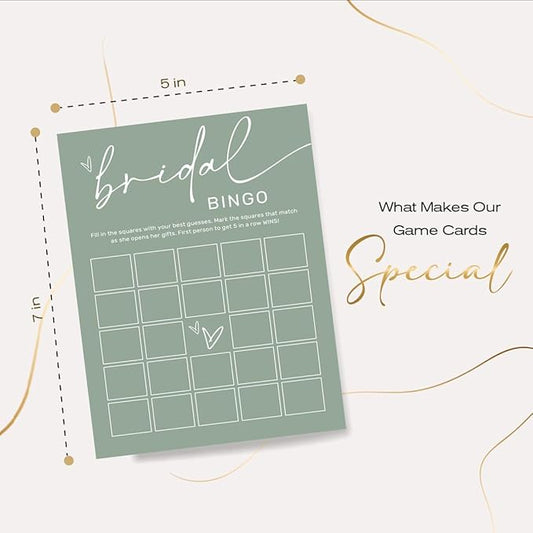 Bridal Shower Bingo, What Will The Bride to Be Receive, 25Pcs Bridal Bingo Game Cards, Engagement Party Games for Guests, Minimalist Green Wedding Party Supplies - C18
