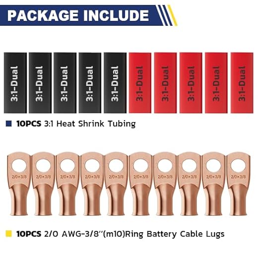 haisstronica 10pcs 2/0 AWG - 3/8"(M10) Battery Cable Lugs, Heavy Duty Copper Wire Lugs with 10pcs 3:1 Adhesive Heat Shrink Tubing, 00 Gauge Copper Lugs, Battery Terminal Connector, Battery Cable Ends