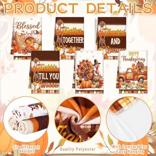 Redbaker 6 Pcs Thanksgiving Kitchen Towels, Turkey Pumpkin Funny Dish Towel - Image 3