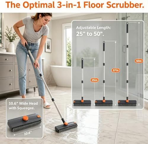 3-in-1 Floor Scrub Brush with Long Handle, Rotating Head Squeegee & Tweezer - Image 5