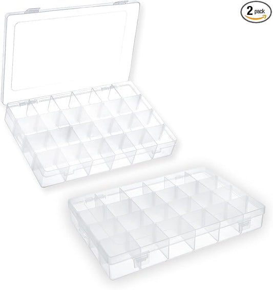 2 Pack 24 Grids Plastic Small Crafts Storage Boxes with Adjustable Dividers (10.5" × 6.7" x 1.57")