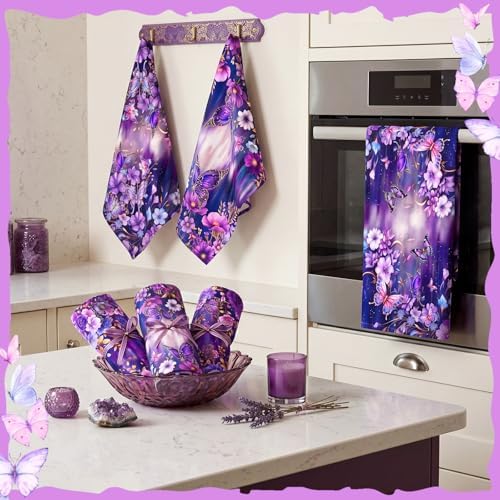 Breling 6 Pack Purple Butterfly Kitchen Towels Floral Dish Towels 14x21 - Image 5