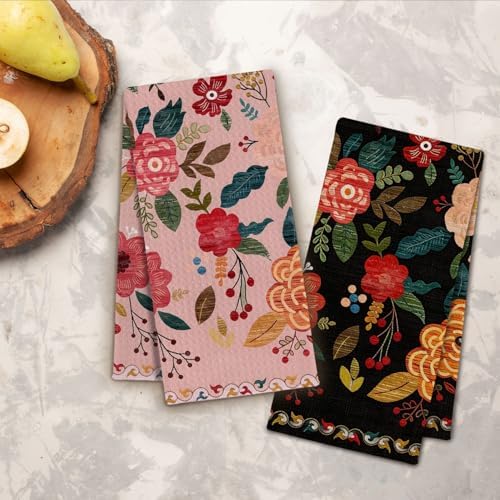 Pink and Black Floral Kitchen Towels, Vintage Boho Flower Dish Towels Drying - Image 3