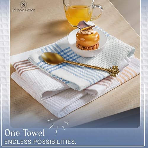 Waffle White & Multi Colors Kitchen Towels Set of 12, 100% Cotton, 16x26 inches - Image 3