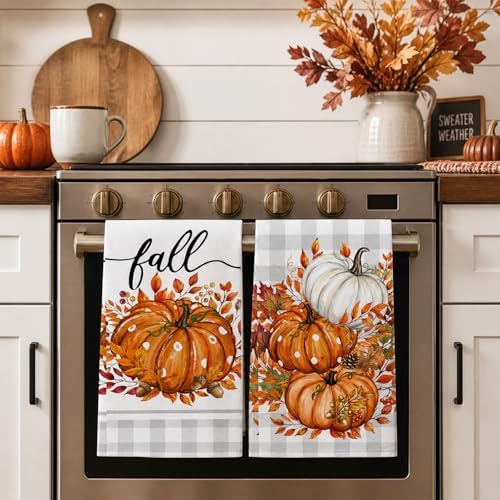 Orange Buffalo Plaid Leaves Pumpkin Fall Kitchen Towels Dish Towels, 18x26 Inch - Image 5