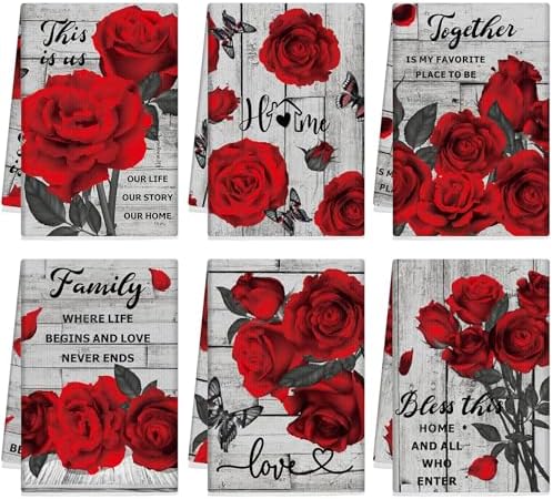 Breling 6 Pack Valentine Red Rose Kitchen Towels Vintage Floral 14 X 21 in by Breling