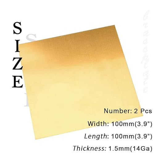 14 Gauge Brass Sheet，H62 Brass Plates Metal 0.059" Thickness x 3.9" Width x 3.9" Lenght, for Models, Crafts, Repairs, Electrical, 2Pcs