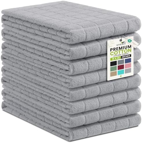Kitinjoy Premium Cotton Check Kitchen Towels 8 Pack, Light Grey by Kitinjoy