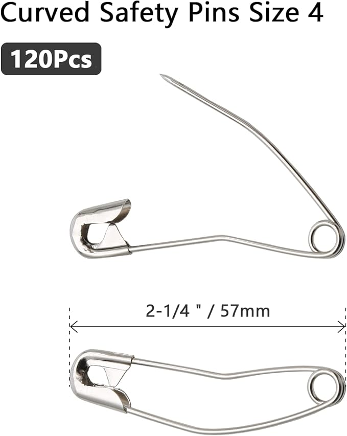 120Pcs Curved Safety Pins Size 4, 2-1/4 inch / 57mm Quilting Basting Pins, Bent Safety Pins for Quilting and Knitting (Sliver)