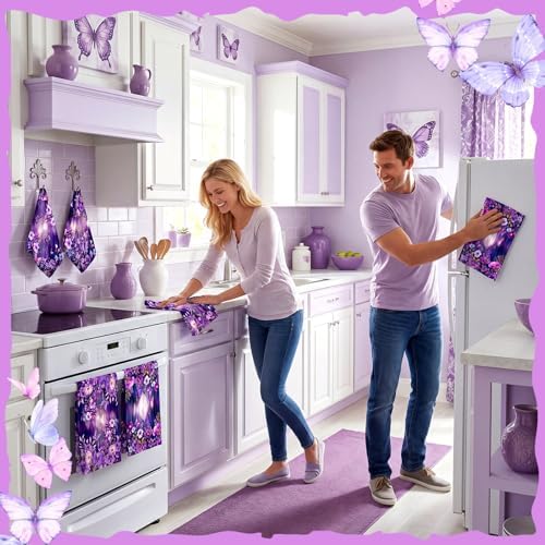 Breling 6 Pack Purple Butterfly Kitchen Towels Floral Dish Towels 14x21 - Image 4