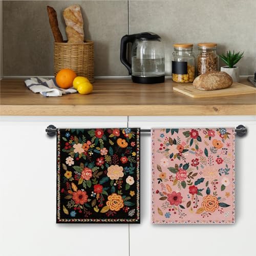Pink and Black Floral Kitchen Towels, Vintage Boho Flower Dish Towels Drying - Image 5