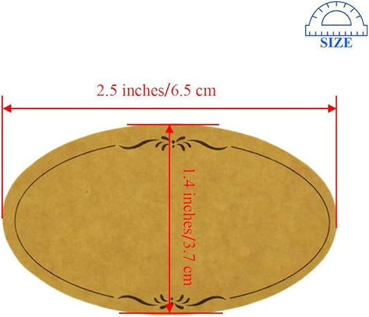 HAHIYO 1.4 * 2.5In 500P Oval Brown Kraft Stickers with Artistic Border - 4 Unique Styles Blank Kraft Labels Roll to Write On Durable Dot Stickers for Jar Canning Labels Price Tags Store Organizing
