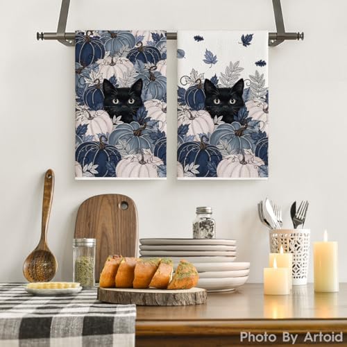 Artoid Mode Blue Black Cat Fall Kitchen Towels Set of 2 18x26 Inch - Image 2