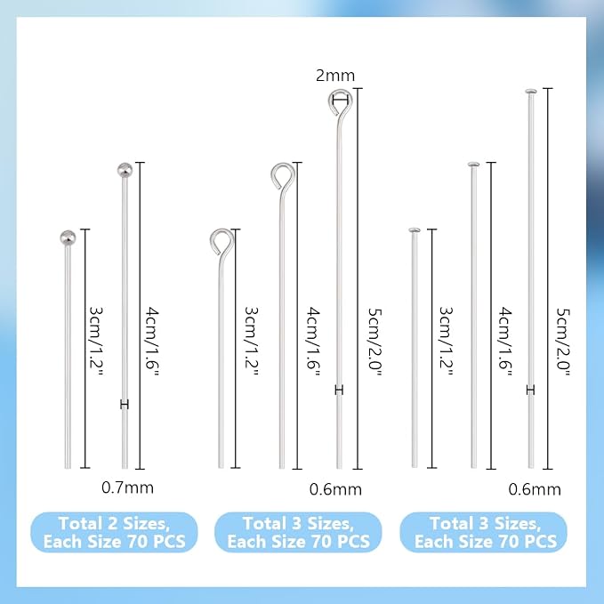 PH PandaHall 560pcs 8 Styles 304 Stainless Steel Eye Pins 30mm 40mm 50mm Head - Image 2