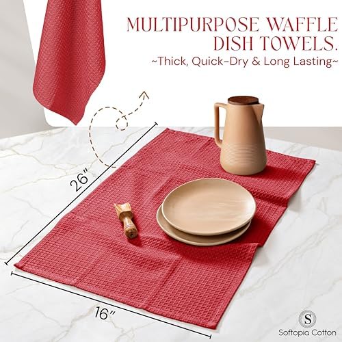 Red Waffle Kitchen Dish Towels, 100% Cotton, Quick Dry, Super Absorbent - Image 2