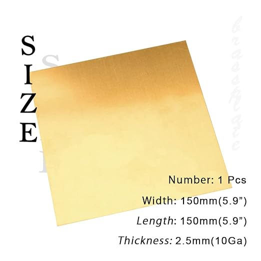 10 Gauge Brass Sheet，H62 Brass Plates Metal 0.098" Thickness x 5.9" Width x 5.9" Lenght, for Models, Crafts, Repairs, Electrical, 1Pcs