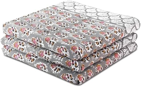 CPC Labra Grey Hand Block Print Waffle Kitchen Towel Set of 3-16 x 28 Inch by COTTONPRINTCLUB