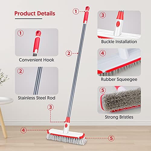 Floor Scrub Brush with Long Handle, Scrubbing Brush Squeegee Broom - Image 4