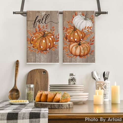 Artoid Mode Wood Pumpkin Leaves Fall Kitchen Towels Set of 2 18x26 Inch - Image 2