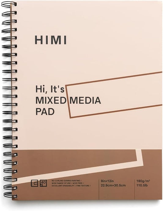 HIMI Mix Media Paper Pad 9X12''(180g/m²) 40 Sheets Mix Paper Pad, Side Wire Bound, Fine Texture, in Gouache Acrylic Art Pad for Sketching, Ink Sketch Book, Art Supplies Drawing Pad Gift (Pink)