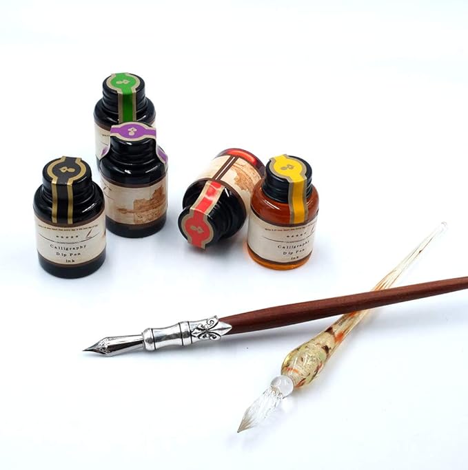 GC QUILL MU-02 Calligraphy Pen Set, Glass Dip Pen and Handcrafted Wooden Dip Pen Gift Set with 5 Colors Calligraphy Ink 6 Nibs, Calligraphy Set for Beginners