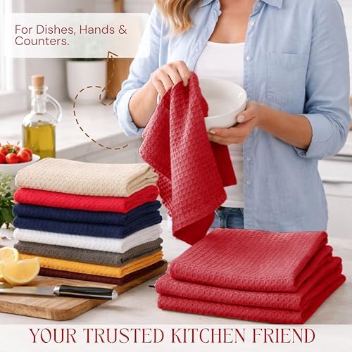 Red Waffle Kitchen Dish Towels, 100% Cotton, Quick Dry, Super Absorbent - Image 3